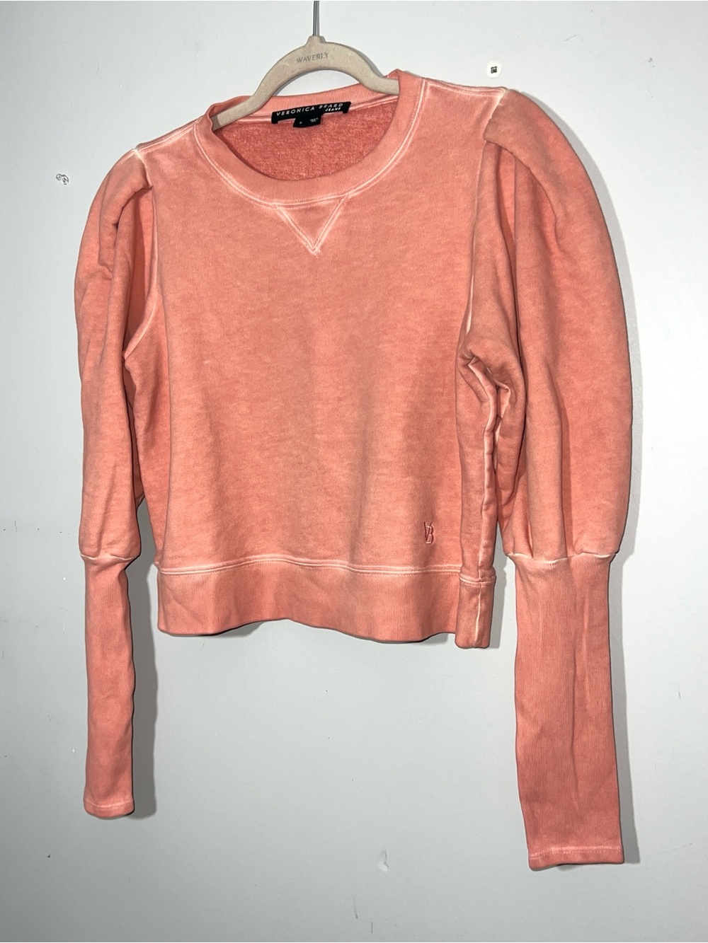 Veronica Beard Analeigh Puff Sleeve Sweatshirt Coral Pima Cotton Size S
